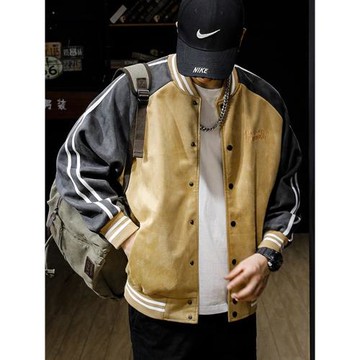 春秋2025新款美式麂皮絨棒球服外套男潮牌寬松大碼飛行夾克球服潮