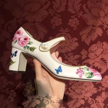 D家玫瑰印花珍珠扣粗跟瑪麗珍鞋仙女單鞋真皮少女高跟鞋lolita鞋