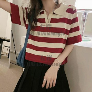 polo領短袖t恤女 夏季寬鬆設計感短款正肩條紋針織上衣IG【雲木雜貨】