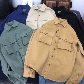 阿美咔嘰重磅厚實工裝立體口袋襯衫男士純棉長袖港風復古寬松外套