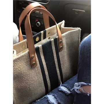 韓版女士手提公文包職業通勤條紋簡約單肩大包包ins大容量帆布包