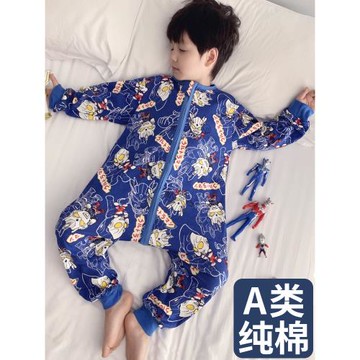 兒童長袖睡衣防著涼純棉男孩連體睡袋寶寶男童薄款四季通用奧特曼