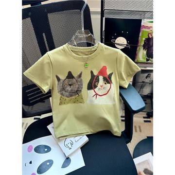 CHUNDADA戴帽子的貓咪印花短袖t恤女夏季短款修身漂亮辣妹上衣潮