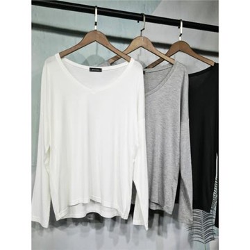 莫代爾V領純色長袖T恤女上衣簡約套頭百搭寬松顯瘦學生圓領打底衫