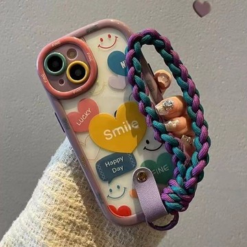 紫色愛心笑臉 腕帶 掛繩 軟殼適用蘋果iPhone17 16 15手機殼14promax新款13蘋果12全包 防摔軟殼