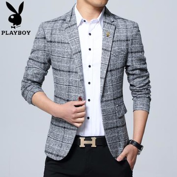 花花公子休閑西服男士外套青年時尚商務條紋潮流修身型格子小西裝
