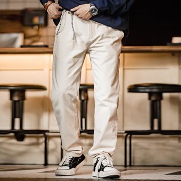 馬登工裝美式復古棉籽殼暗格紋休閑褲寬松直筒米色百搭長褲子男秋