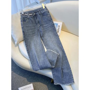 高腰窄版牛仔闊腿褲女2025年新款春秋季百搭毛邊直筒九分褲小個子