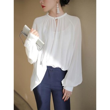 白色雪紡衫女早春新款高級感別致圓領上衣燈籠袖設計法式氣質襯衫