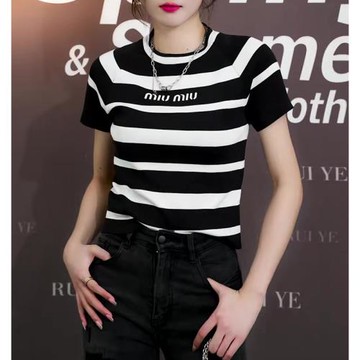 韓系簡約氣質T恤修身百搭黑白條紋正肩短袖上衣女2025年夏季新款