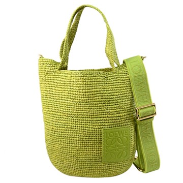 LOEWE Slit Mini 徽章LOGO草編手提斜背兩用包(綠色)