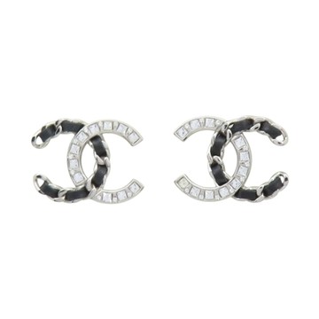 CHANEL 香奈兒 銀色鍍金 黑色皮革 CC水晶 耳環 ABG274 【二手名牌BRAND OFF】
