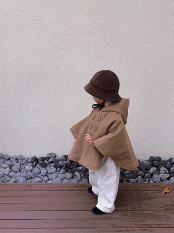 Wool Hooded Half-Length Cape Coat [Camel]