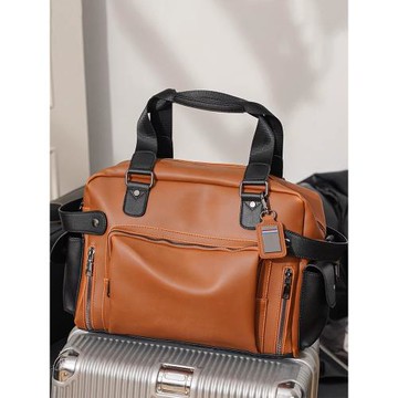 復古橫款撞色PU皮手提包公文包休閑出差電腦包男士單肩包斜跨包潮