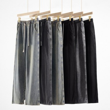 潮牌牛仔褲男款2025年秋季美式復古水洗休閑褲寬松直筒抽繩闊腿褲鑫弘-衣錦男裝