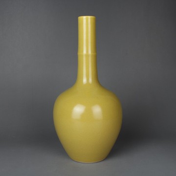 晚清民窯黃釉花瓶 膽瓶 古玩古董陶瓷器手工仿古老貨收藏擺件