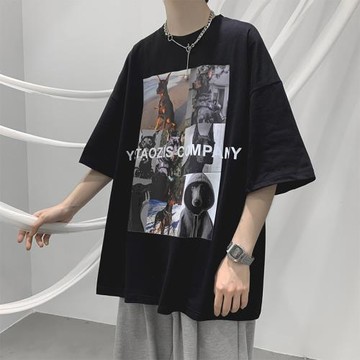 港風t恤男短袖潮牌男生上衣夏季潮流寬松衣服歐美印花ins半袖體恤