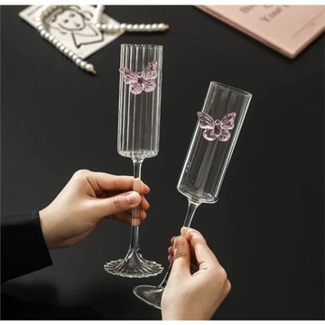 設計師款浪漫彩色寶石蝴蝶酒杯高腳杯香檳杯法式高硼硅耐熱ins