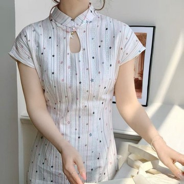 條紋 棉質立領星星印花改良旗袍 日常新中式民國風洋裝 不含項鏈
