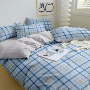 A-ONE 台灣製 雪紡棉床包組  床包 + 枕套  床包186 x 105cm + 枕套75 x 45cm  經典藍格