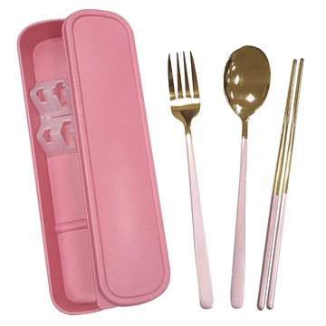 歐式便攜鈦金餐具 SUS304不鏽鋼 PP收納盒 鈦金工藝 易清洗  筷子 + 湯匙 + 叉子 + 外盒 + 餐具架  金粉色  1組