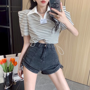 條紋polo衫翻領短袖t恤女夏季寬松抽繩收腰短款泡泡袖甜辣風上衣