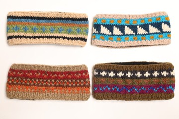 卡其咖色幾何圖騰純羊毛線手工編織保暖內襯防風髮帶洗臉運動頭帶