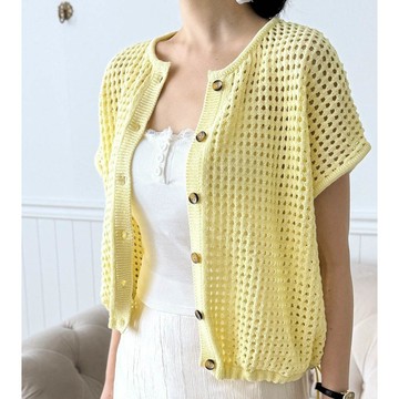 韓國女裝連線 - 韓製 洞洞針織圓領抽繩背心外套/上衣-萊姆黃 (FREE)