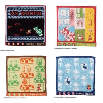 超級瑪利歐無撚系刺繡方巾(25×25cm)-決戰4入組 決戰關卡＋地上關卡＋空中關卡＋水中關卡