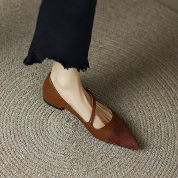 2025年春夏新款法式復古真皮淺口一字帶瑪麗珍鞋尖頭平底單鞋女