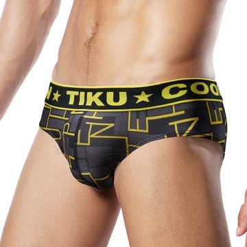 TIKU 梯酷 幾何花紋 超透氣 絲滑 顯凸 性感三角褲 三角男內褲 男內褲 三角褲-黃黑色(YF1156)