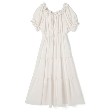 日本 GRL - 浪漫滾邊收腰分層飄逸短袖洋裝-象牙白 (F)