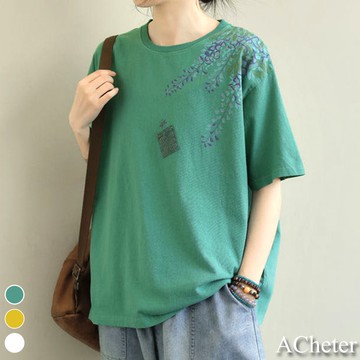 【ACheter】仲夏復古印花文藝短袖上衣T恤# 109225(現貨+預購)