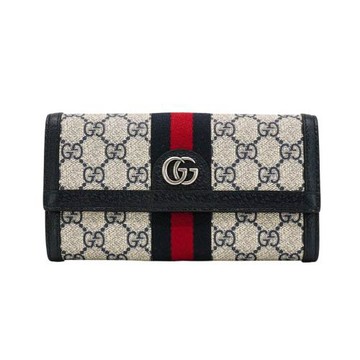 二手品 Gucci Ophidia GG 印花帆布藍紅藍織帶釦式長夾(523153-藍)