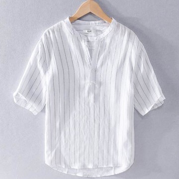 亞麻條紋短袖t恤男夏季棉麻休閑百搭立領襯衫中國風五分袖夏裝潮T