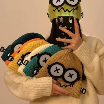 【店長推薦🔥】可愛搞怪針織毛線帽女秋冬新款保暖學生情侶包頭帽大頭圍護耳帽子