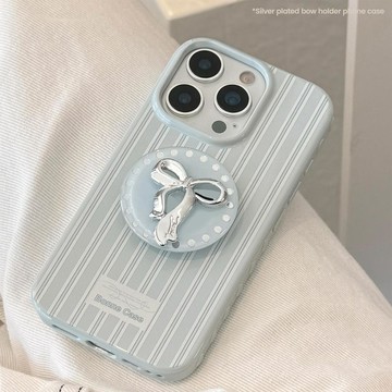 銀蝴蝶結支架蘋果18手機殼iphone17適用15輕奢16promax藍條紋13軟