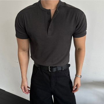正韓肌肉款馬鞍肩剪裁亨利領短袖T恤 4色 YUPPIE 預購商品 0825