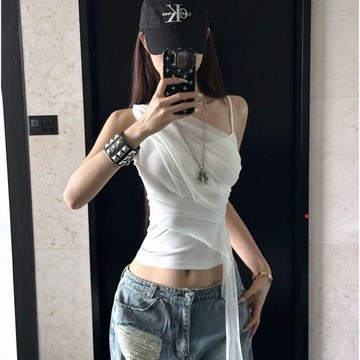 🐻純欲風設計感網紗不規則拼接背心吊帶女夏季新款辣妹修身短款上衣