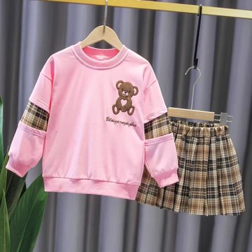 女童套裝格子裙2025春秋裝洋氣百褶裙童裝兒童女孩休閑衛衣兩件套