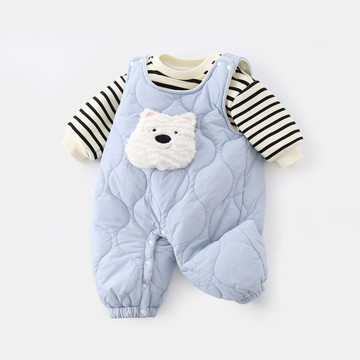 嬰兒秋冬衣服條紋衛衣背帶褲幼兒男女寶寶冬裝小狗夾棉連體褲冬季鑫弘-萌寶童裝可開發票