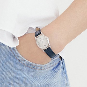 【Ven & Qu】寶石銀褐色腕錶 – 23×27 mm 錶殼, 鈷藍色皮革錶帶