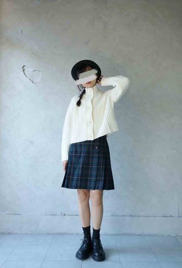 尋寶古著-學院風綠格紋毛料百摺一片裙