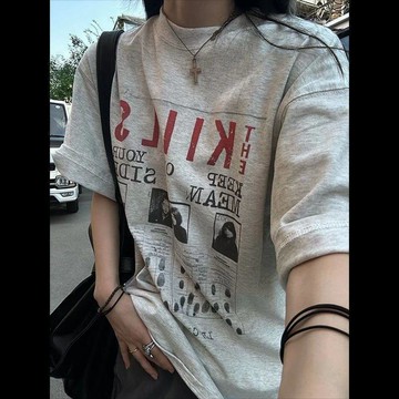 【美式街頭人像印花】短袖T恤 女款 oversize寬鬆 純棉上衣 夏季新款 潮流字母印花 個性穿搭