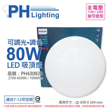 【PHILIPS飛利浦】 LED Pyxis 靜欣 80W 全電壓 舒適光 可調光 可調色 星鑽 吸頂燈 適用7-12坪 PH430922