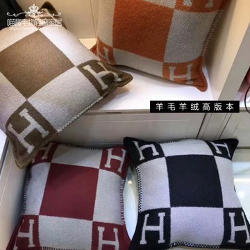 升級版#純羊毛羊絨H字母奢華大氣網紅沙發靠墊樣板房軟裝抱枕含芯