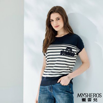 【MYSHEROS 蜜雪兒】條紋拼接簇絨字母高含棉上衣-丈青