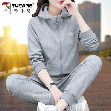 啄木鳥灰色運動套裝女春秋2026年新款時尚洋氣休閑媽媽衛衣兩件套