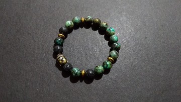 (佛頭系列手鍊)(非洲綠松石x黑火山岩x鋯石x黃銅)(天然石水晶)