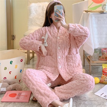 睡衣女春秋冬季珊瑚絨加絨加厚長袖套裝可愛甜美開衫法蘭絨家居服